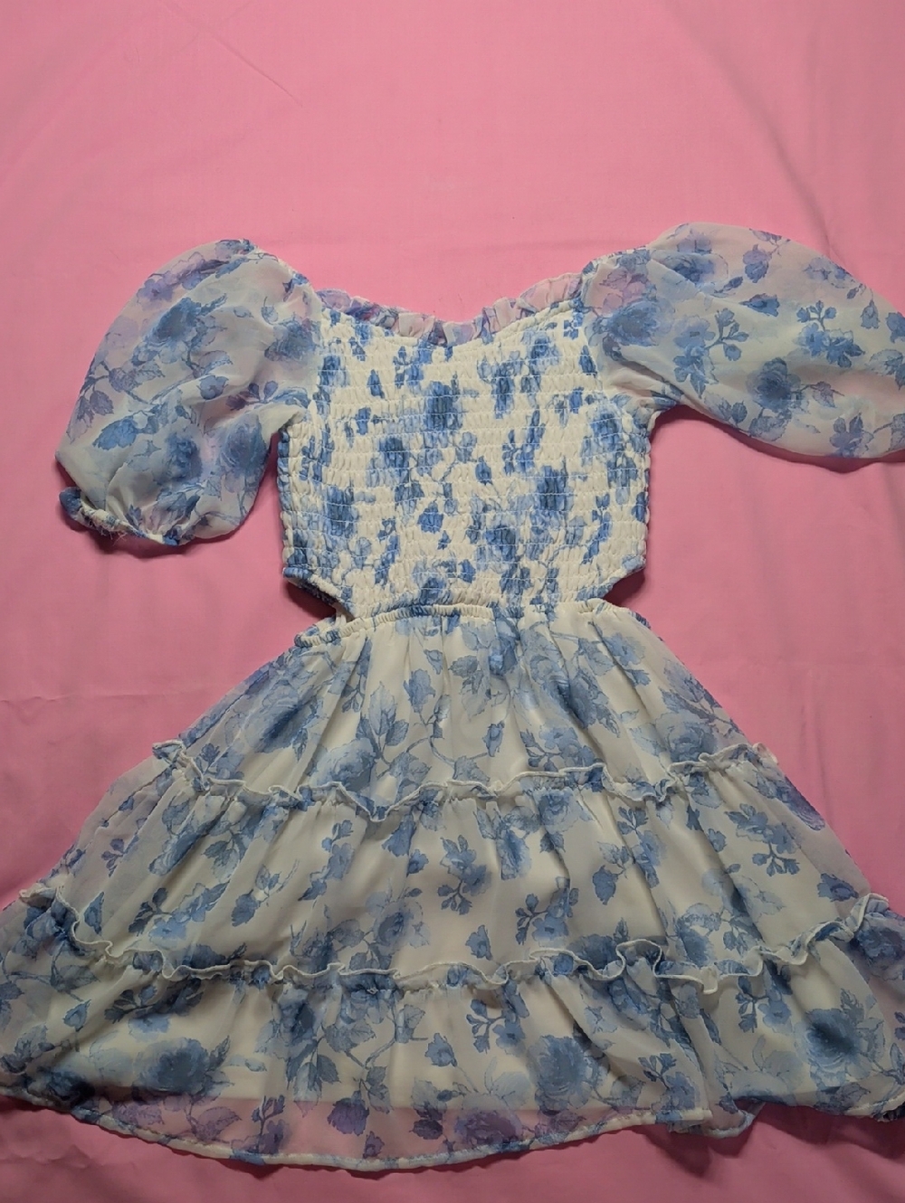 Kids Blue Floral Smocked Puff‎ Sleeve Mini Dress